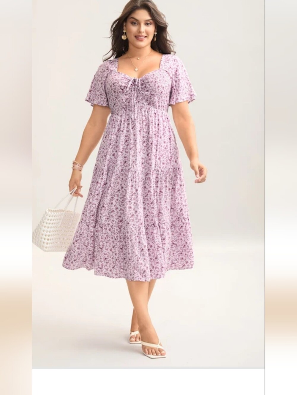 Bloom Chic. Floral Sweetheart Drawstring Pocket Tiered Dress, Lavender